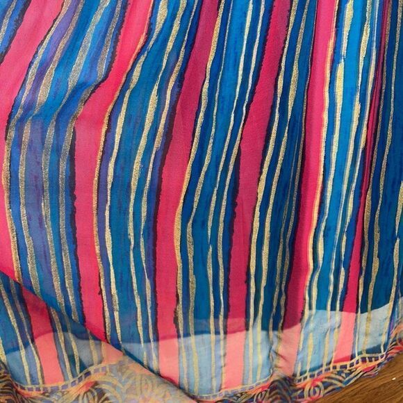 Vtg Monsoon turquoise, blue, fuchsia & gold striped silk outfit with full skirt - Picture 6 of 9